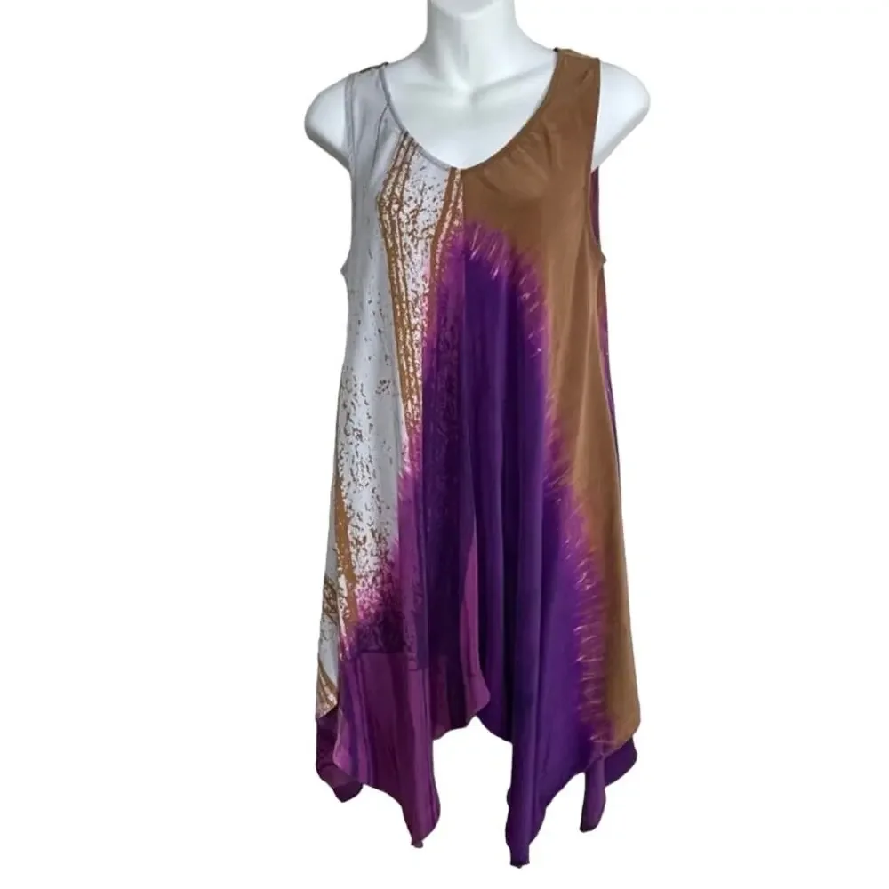 Garnet‎ Hill Silk Trapeze Dress 8 – Sleeveless Boho Handkerchief Hem - Picture 2 of 8